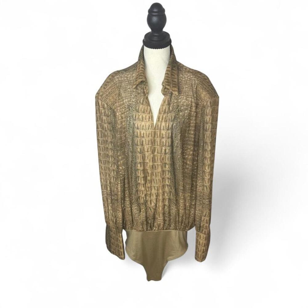Shein Crocodile Print Bodysuit Size L Brown Tan Long Sleeve Top